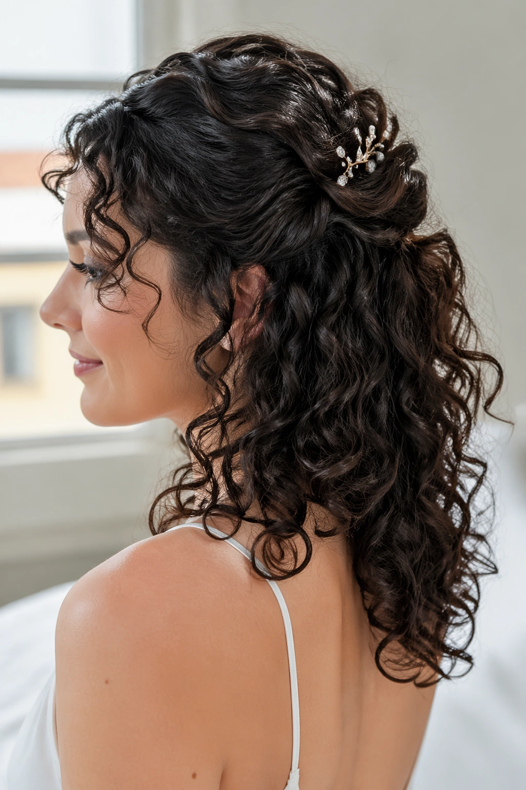 Close-up of curly medium hair half-up preserving texture