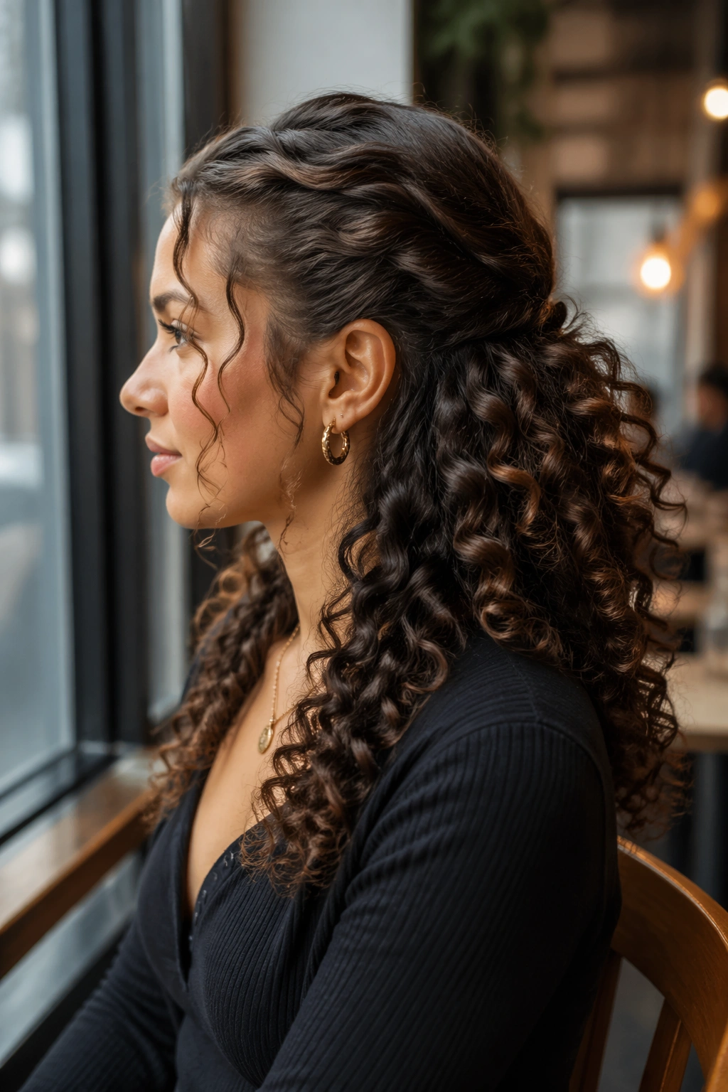 Side-profile center-part twistback on curly hair