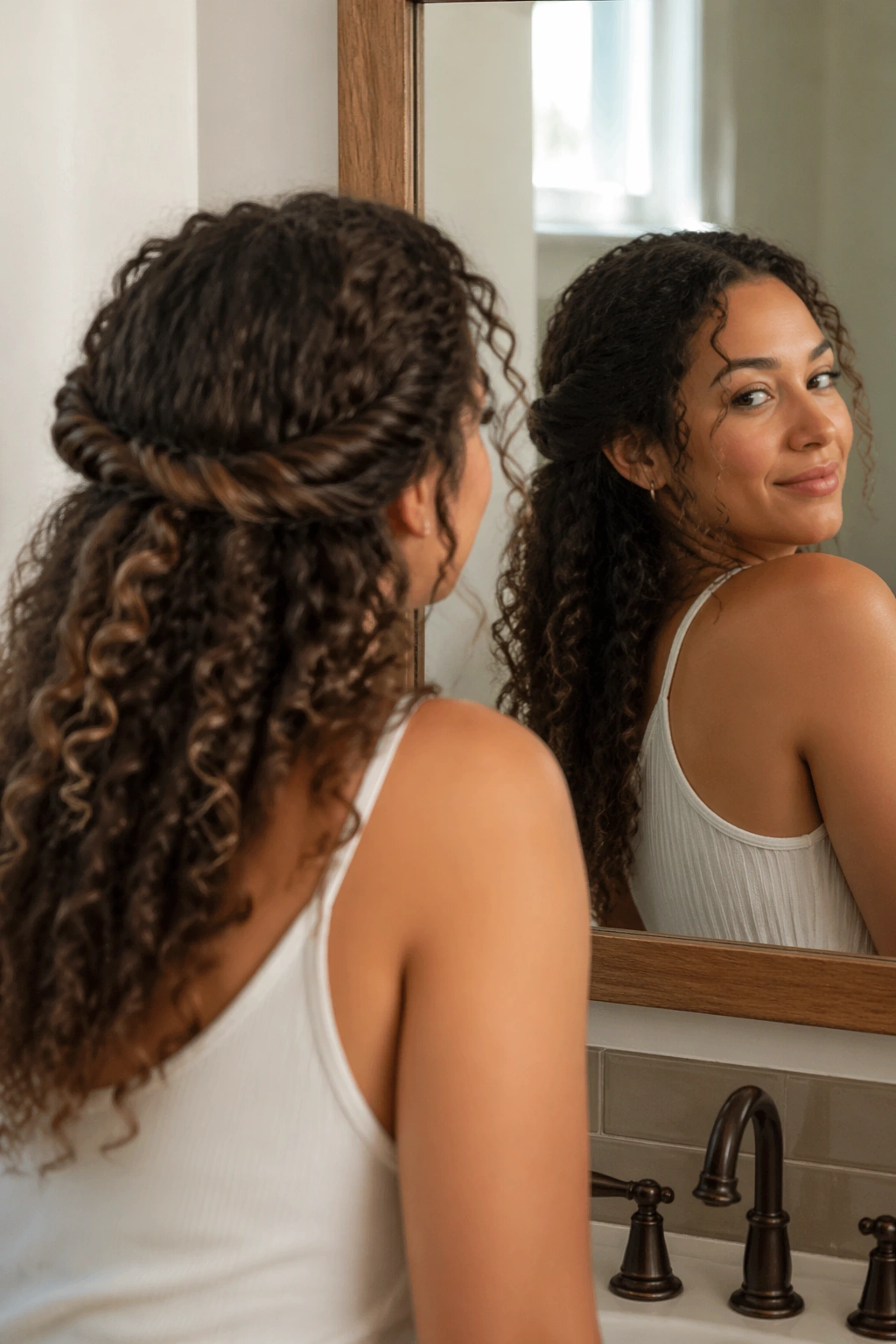 Halo twists framing the face with a soft half-up arrangement in a mirror selfie.