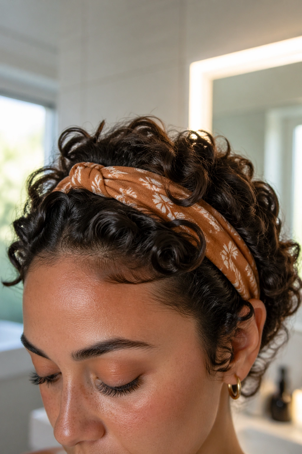 Close-up of curly hair with a headband tucked back for a fresh school look
