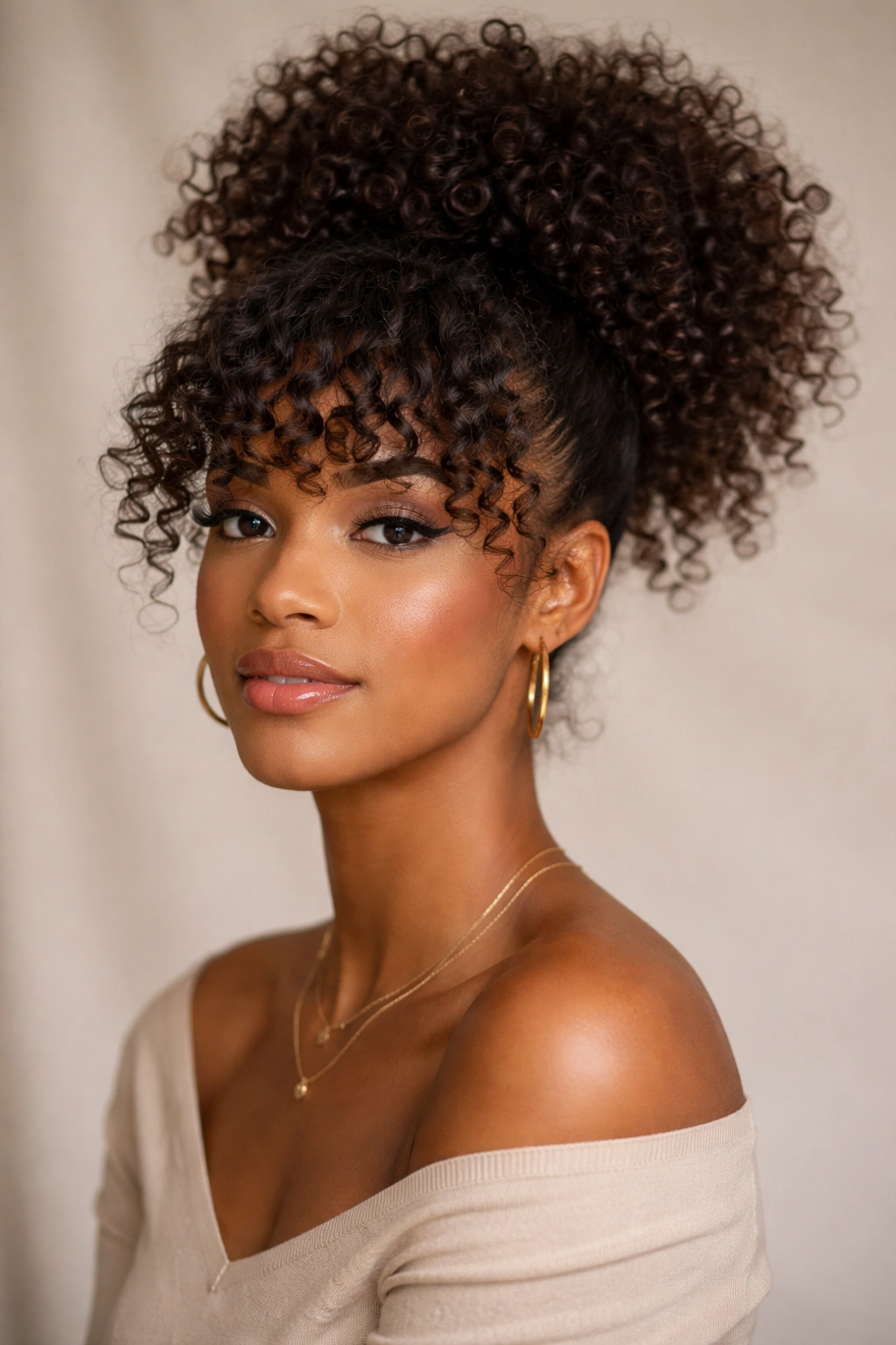 Close-up of a model's high puff hairstyle with defined bangs in a studio.