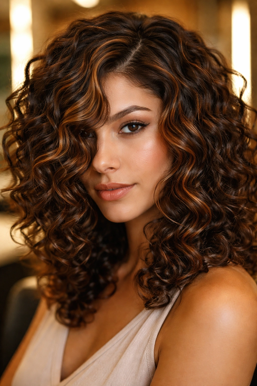 Close-up of cinnamon-highlighted curls at a side part.