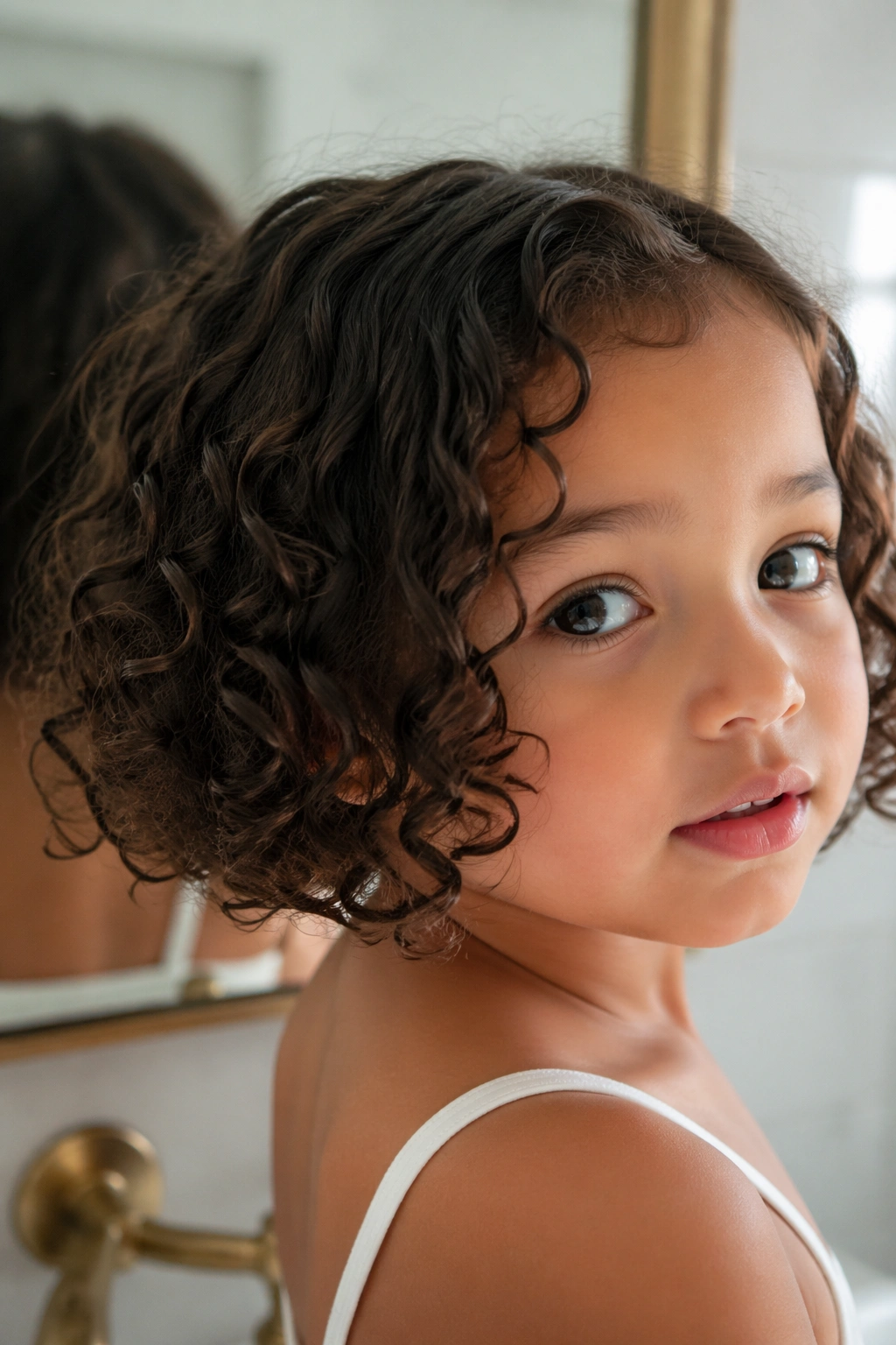 Little girl with rounded curly bob and soft ends.
