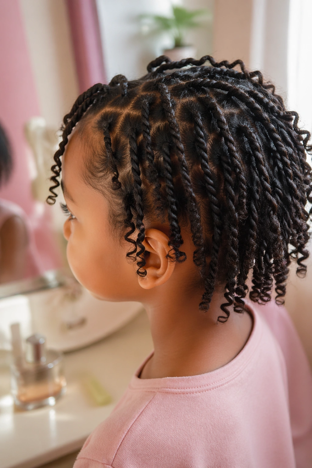 Close-up of mini twists on short curly hair with bouncy ends.