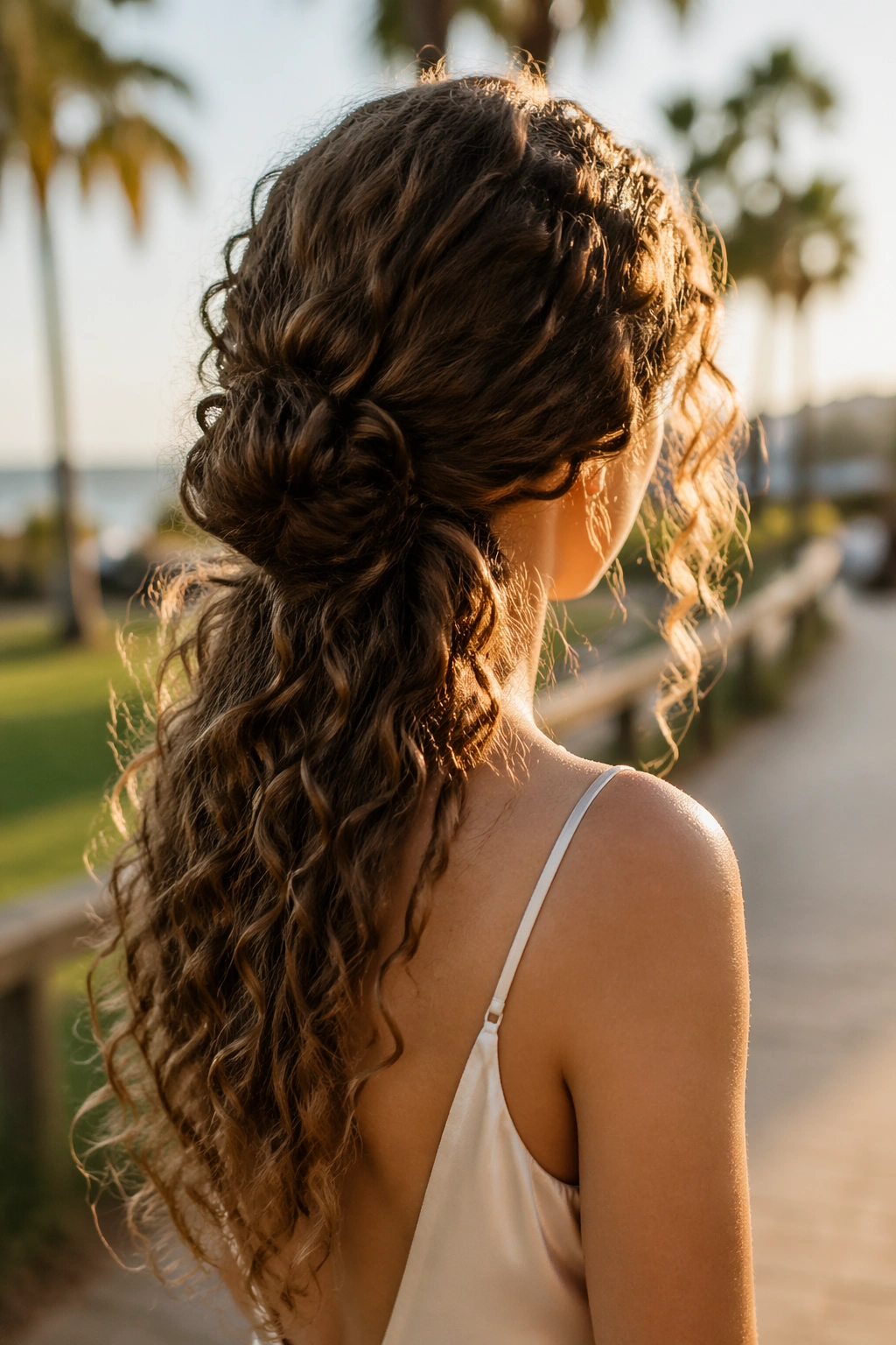 Back-of-head view of a low knot with loose curls flowing below outdoors at golden hour.