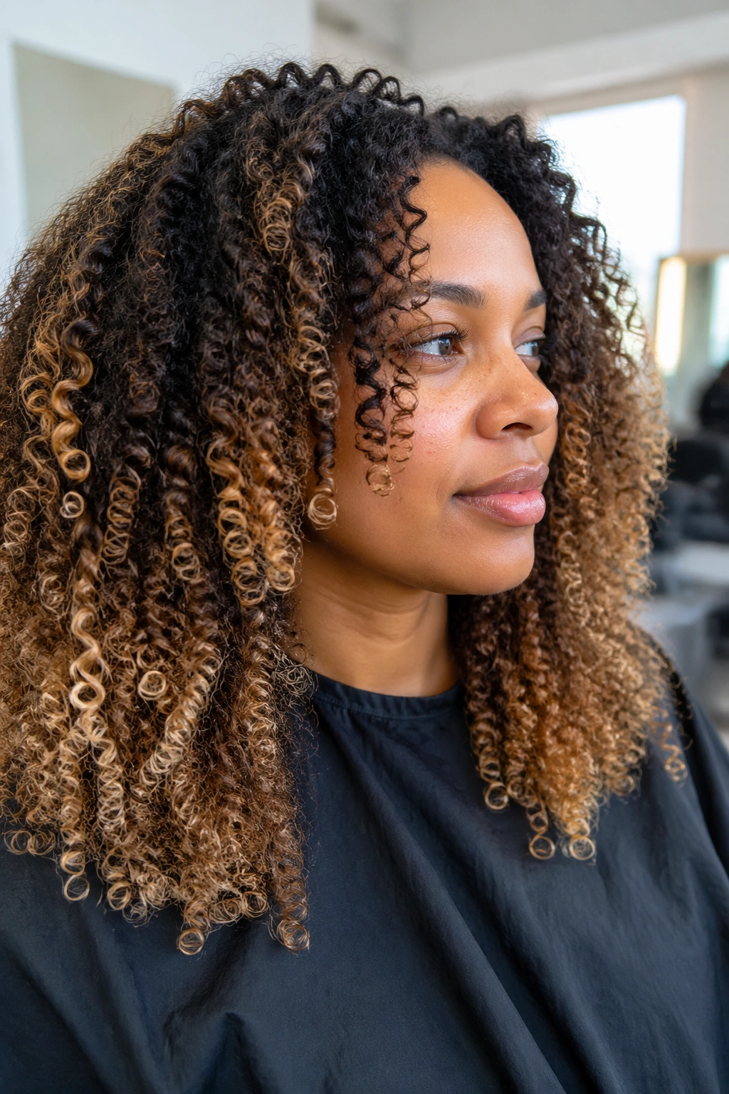 Portrait of a woman with lighter ends on curly hair in a bright salon setting
