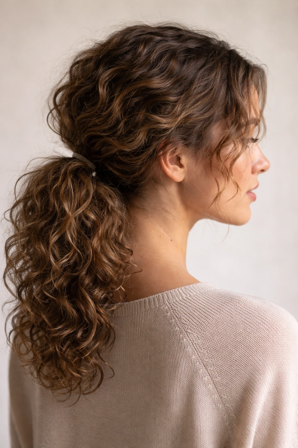 Curly hair formed into a soft, natural low ponytail at the nape