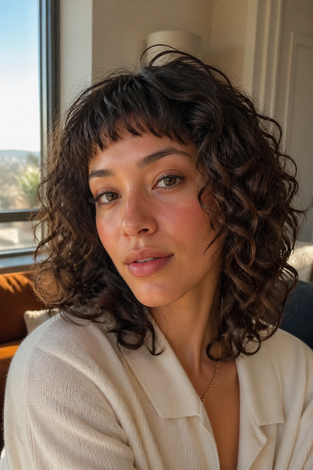 Close-up of a real woman with micro bangs and layered natural curls, warm window light.