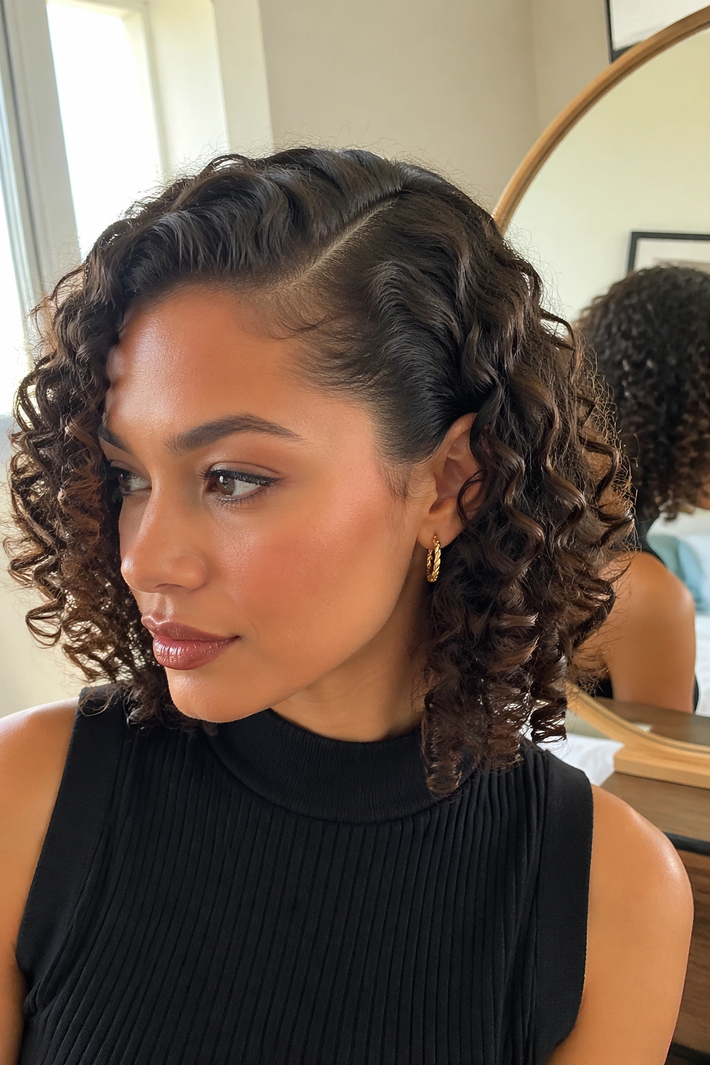 Close-up of a deep side part with defined curls.