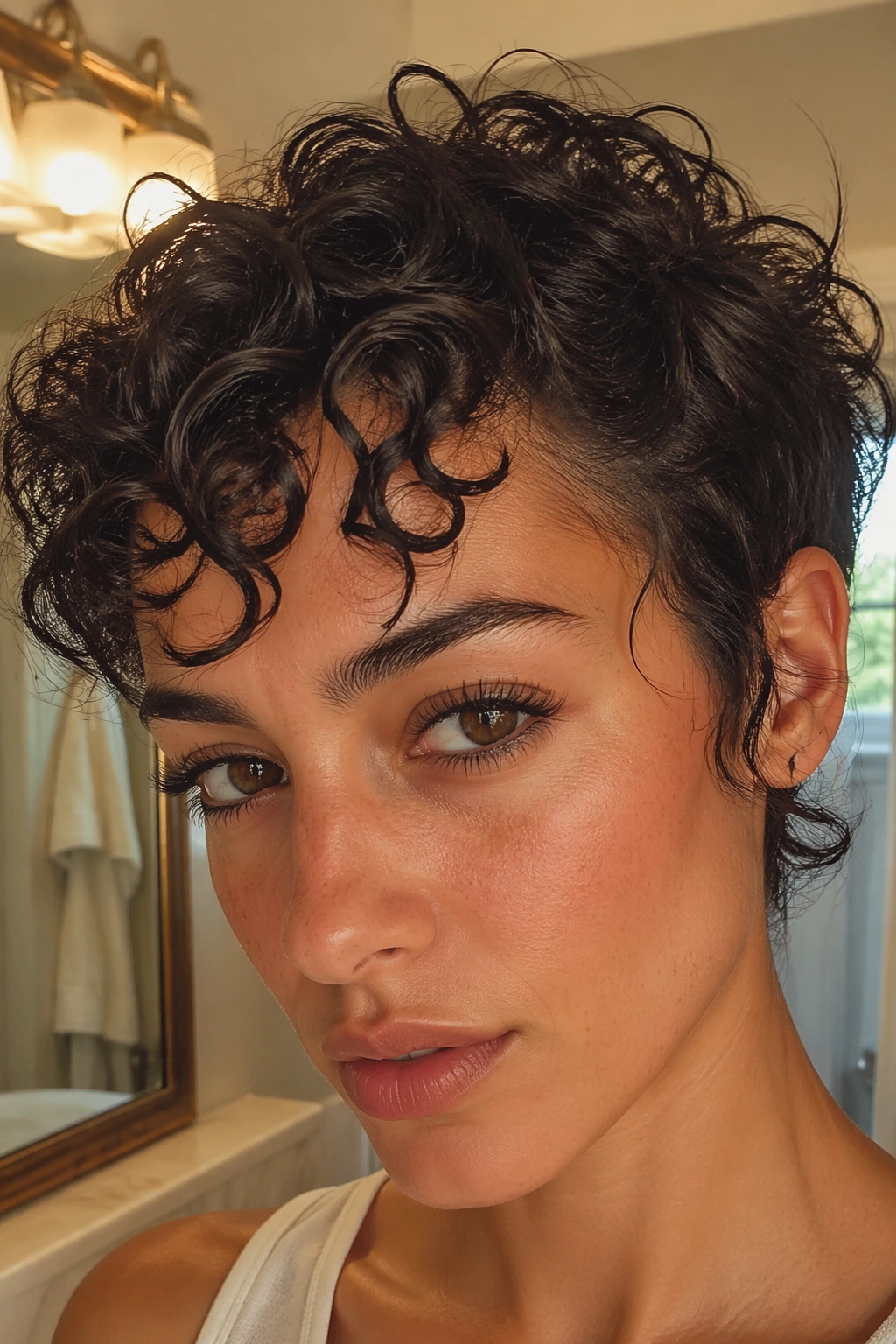 Close-up of messy curly pixie with finger-coiled fringe