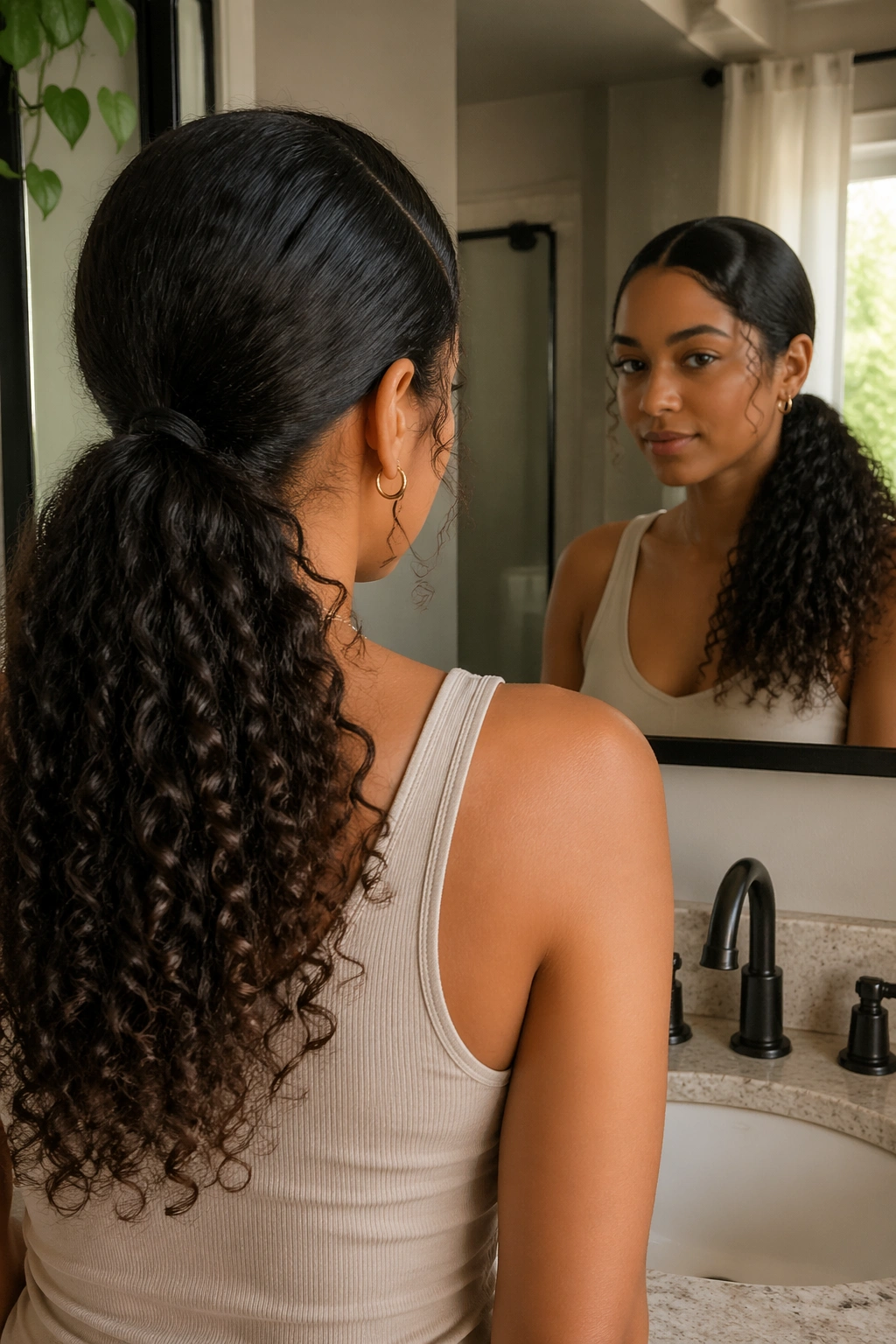 Low side part ponytail with ringlet ends seen over the shoulder.