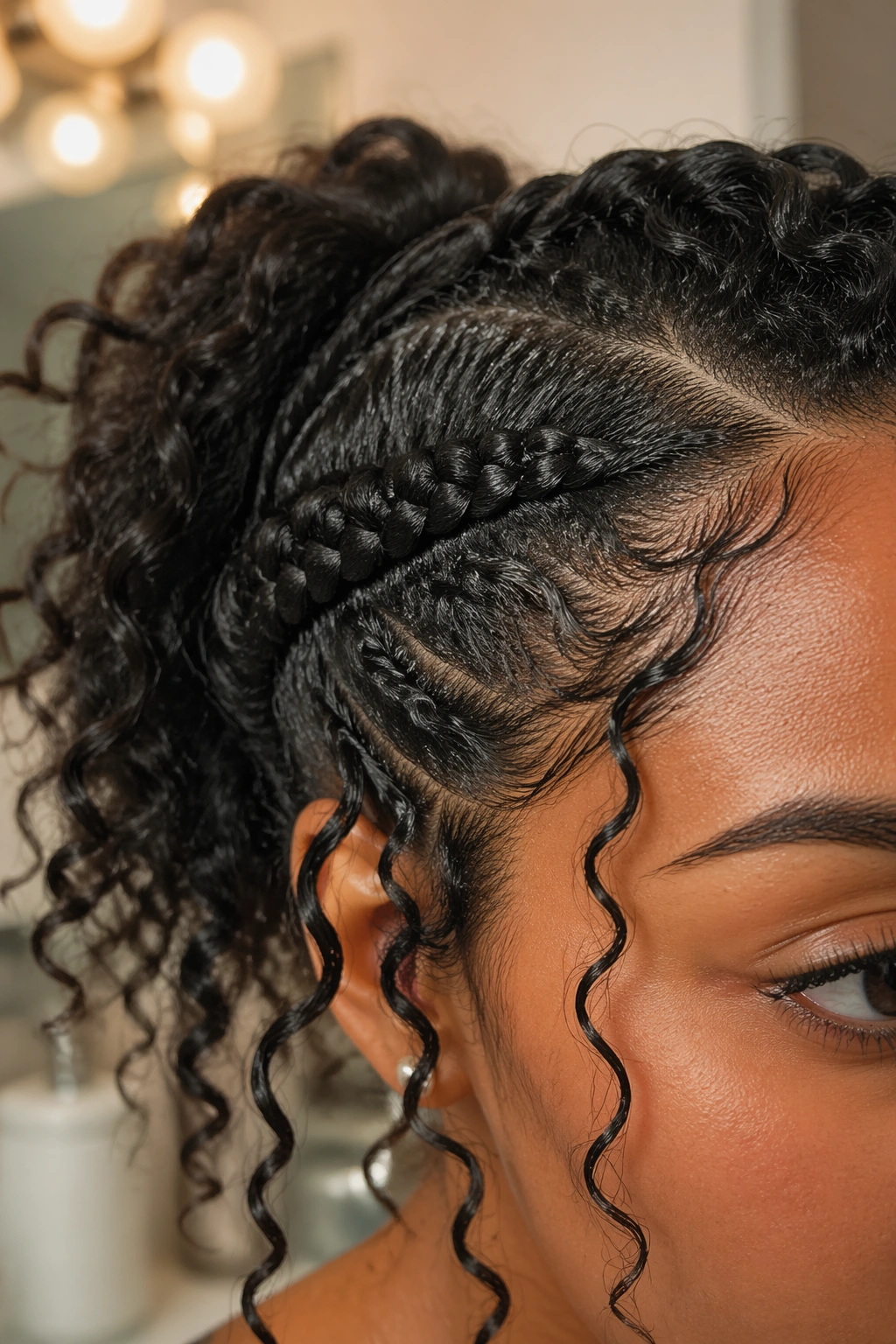 Close-up of twisted temple strands in a curly ponytail.