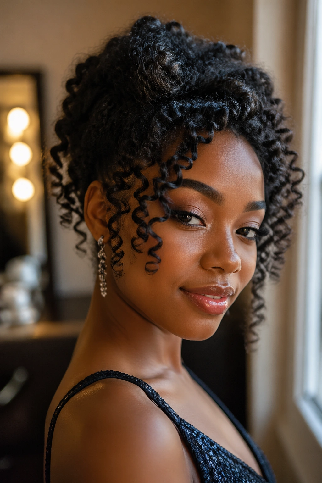 Close-up portrait of a Black woman with defined curls ideal for prom styling