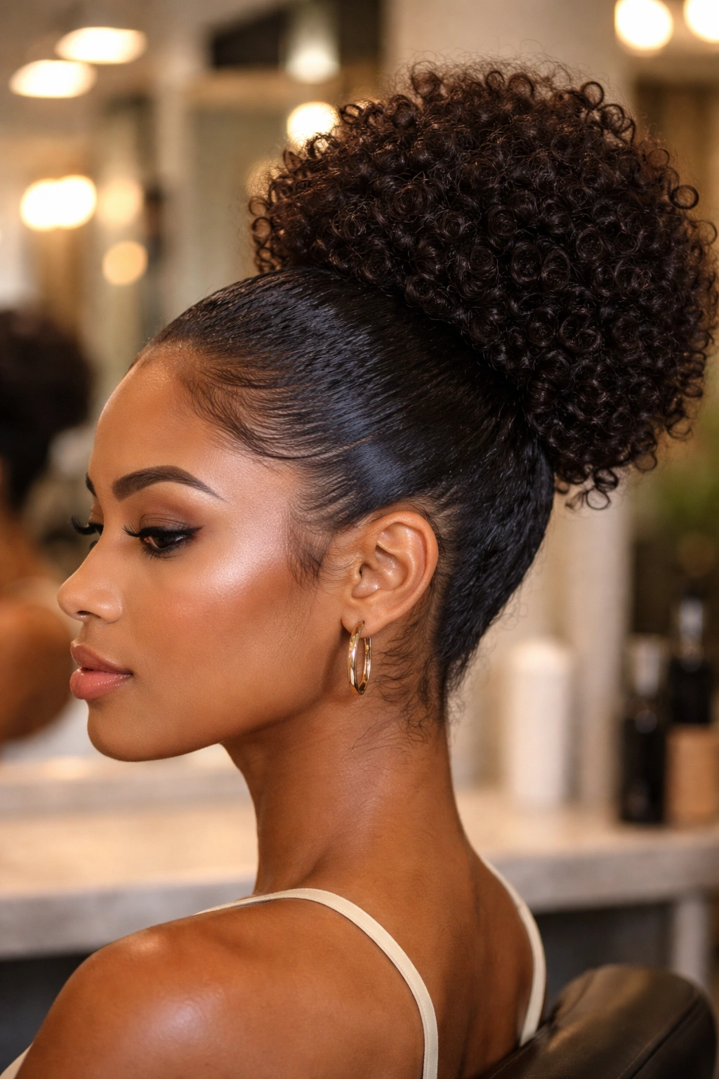 Close-up of Slicked-Back Curly Puff with textured puff in a salon.