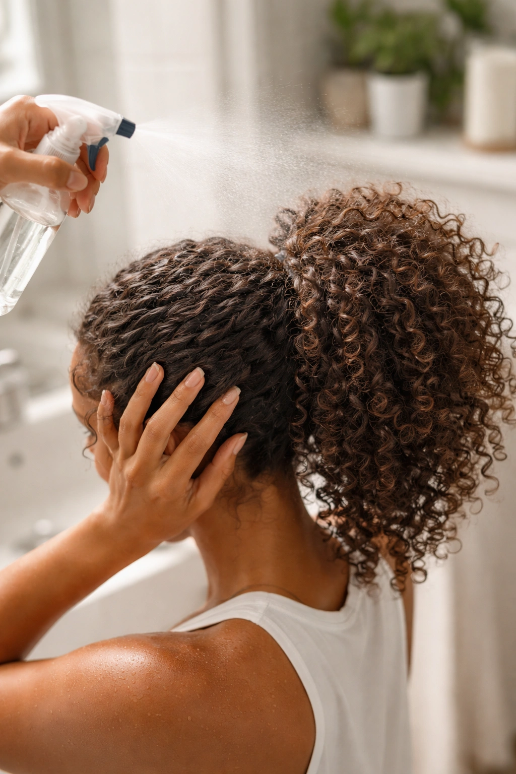 Spray bottle misting curly ponytail for refreshing curls