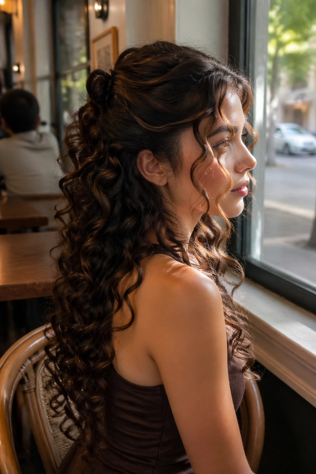 Side profile of a curly hairstyle with face-framing ribbon curls at a cafe.