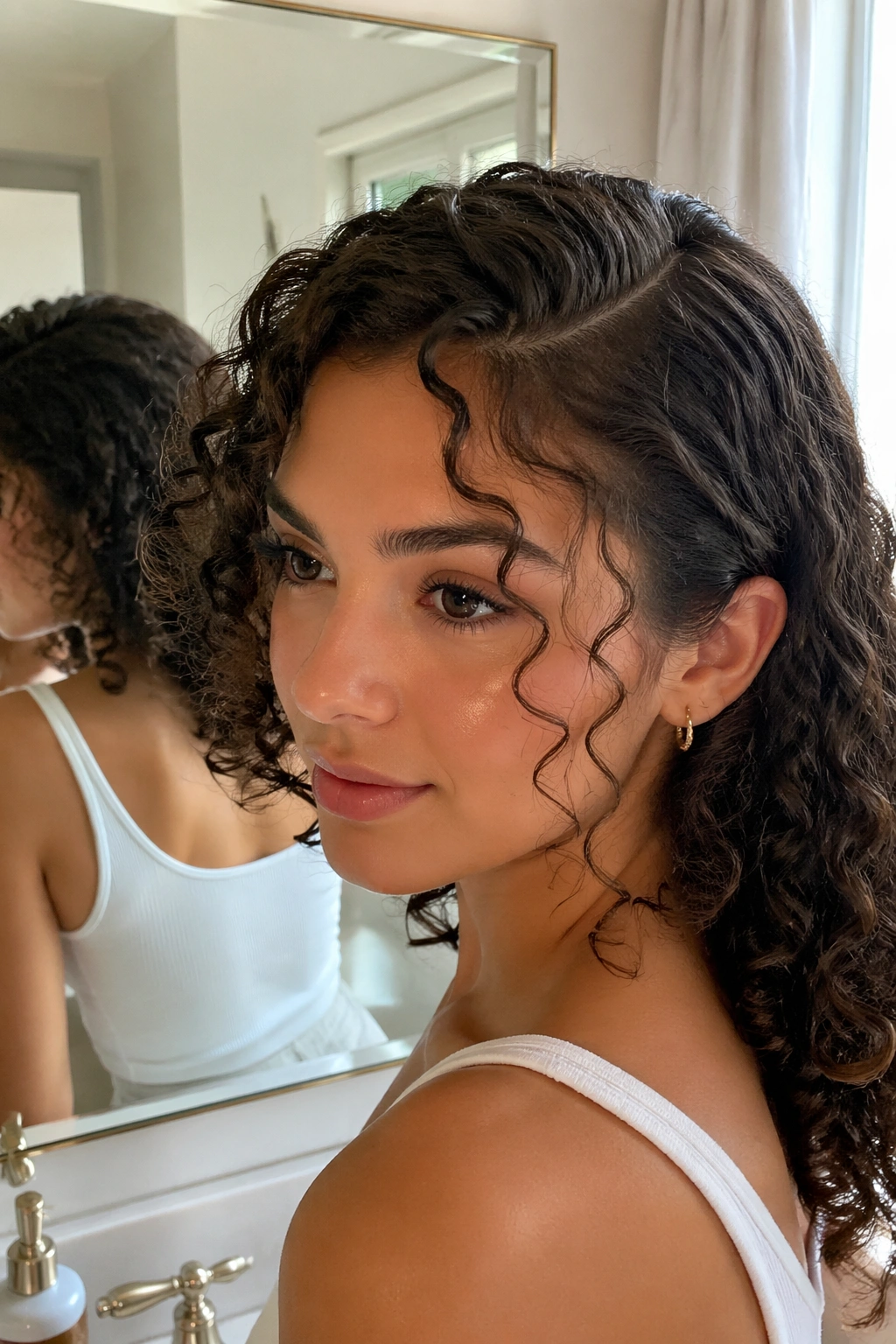 Close-up of side-parted curls framing the face in a bathroom vanity.