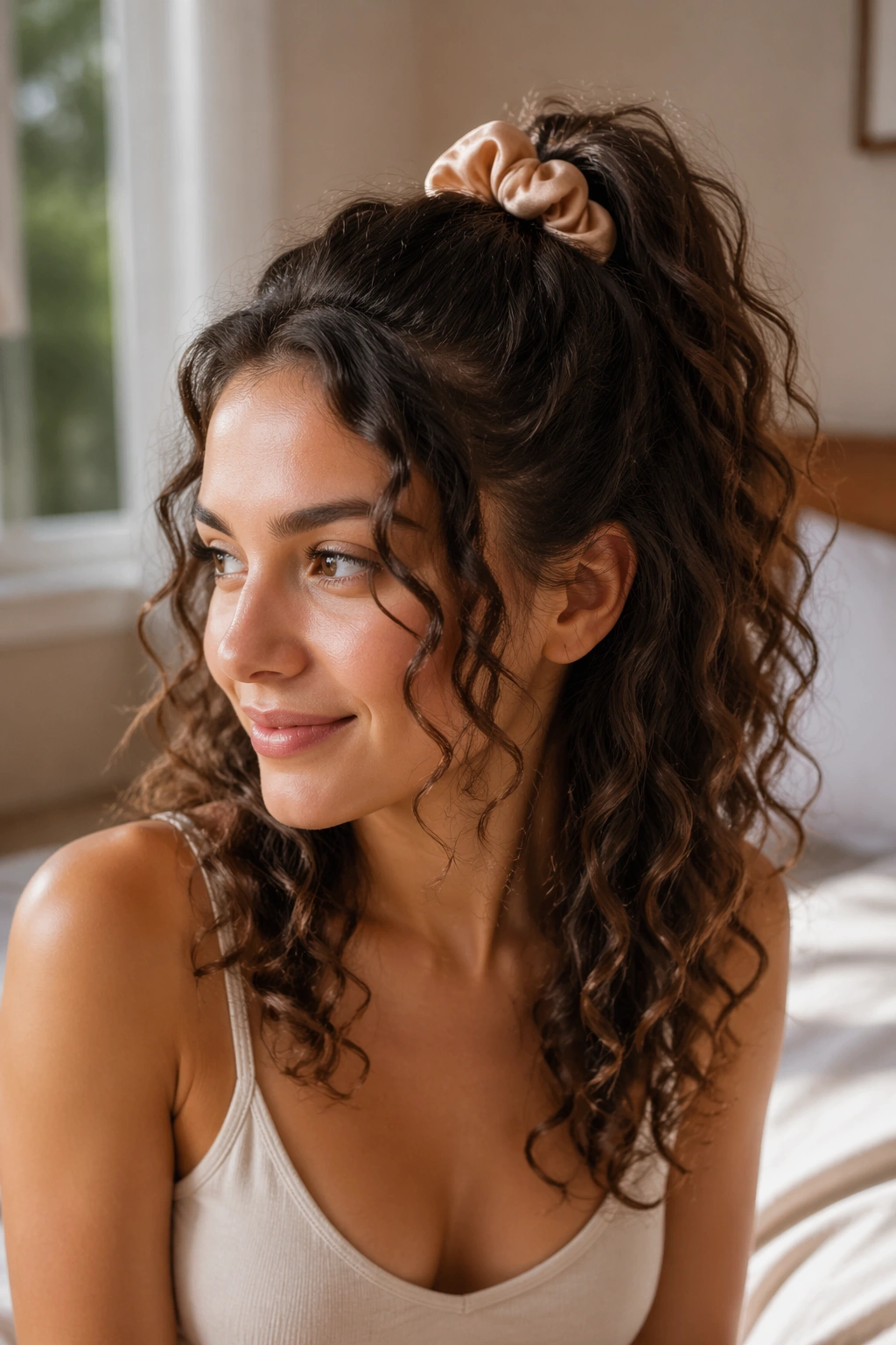Close-up of a real woman with a curly half-up ponytail secured by satin scrunchie in soft window light