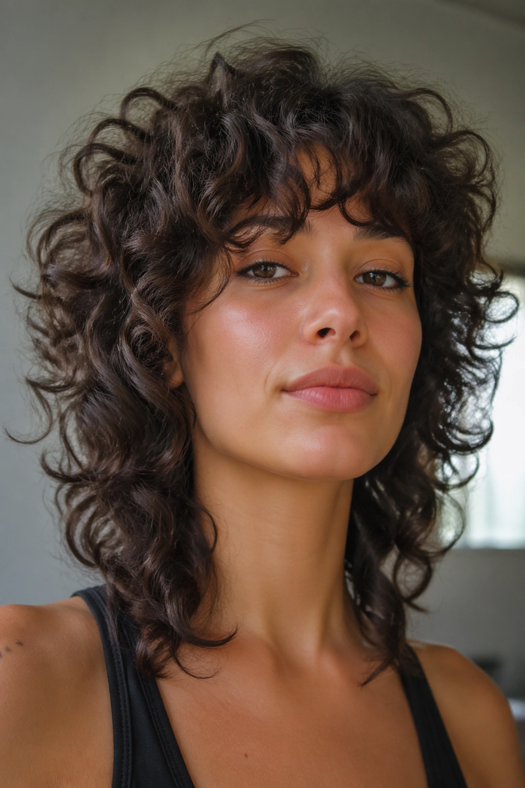 Curly shag with soft fringe showing face-framing texture