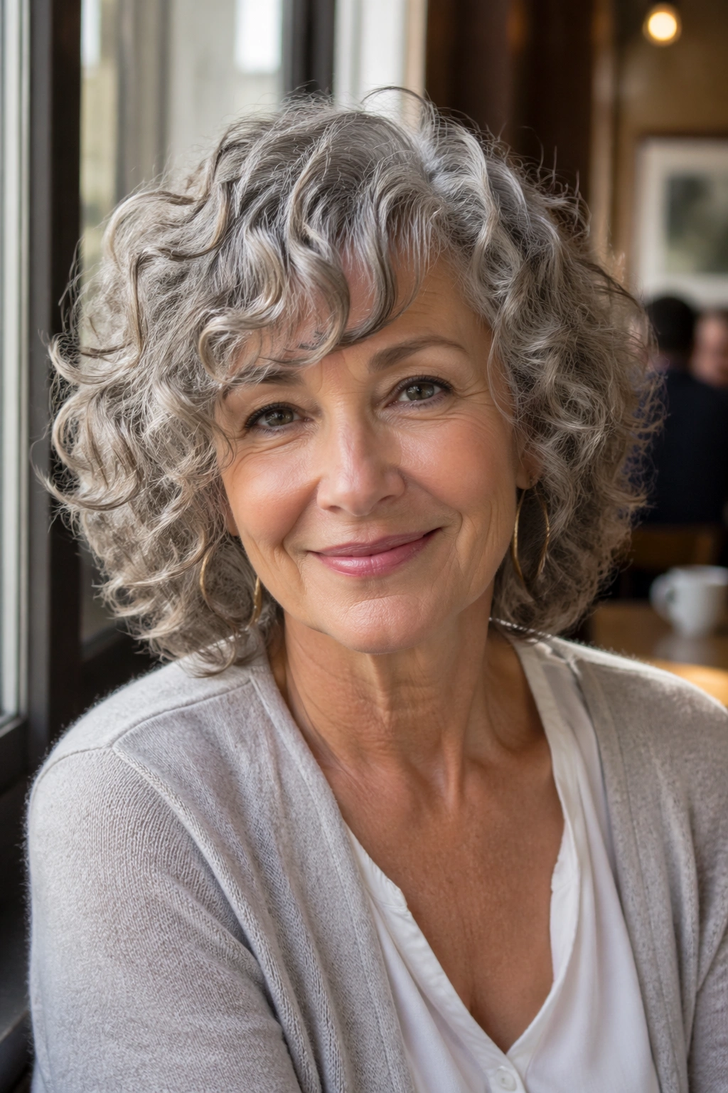 Portrait of a woman with curly hair and side bangs in warm window-light setting.
