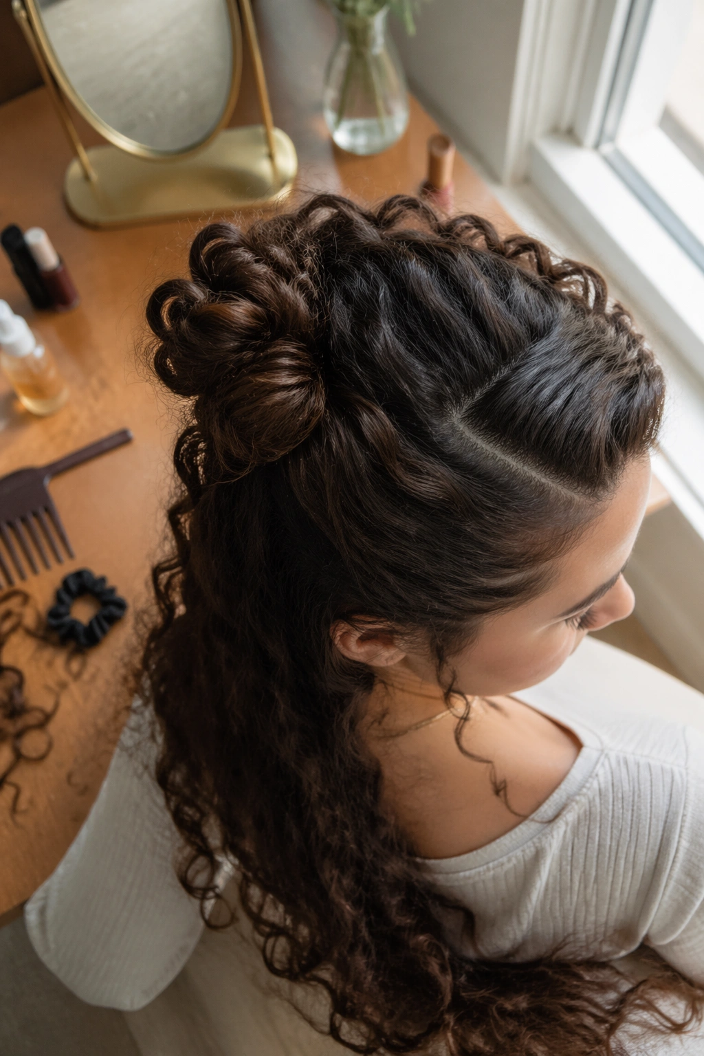 Overhead view of side-swept half bun hugging the hairline with tools nearby.