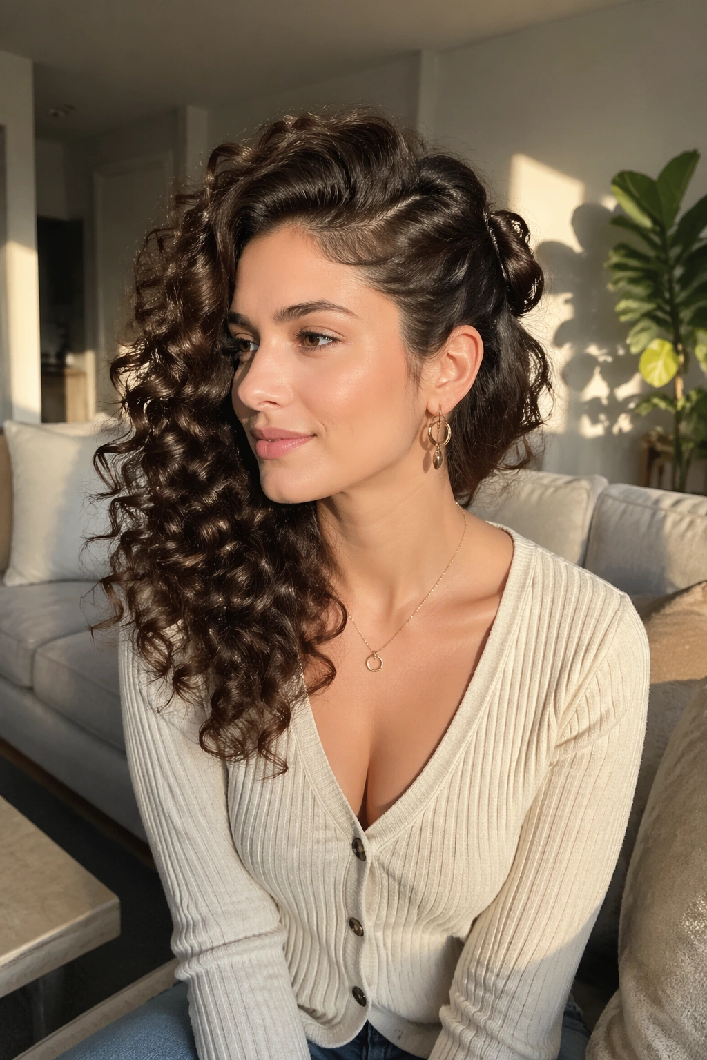 Wide shot of curly hair with a deep side sweep pinned back in a bright living room.