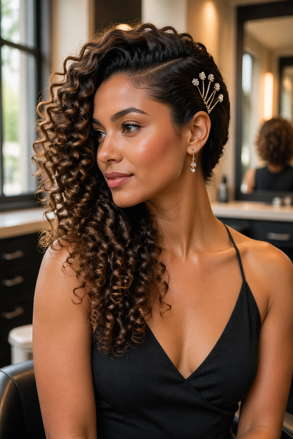 Deep side sweep with pins on curly hair in a sunlit salon.