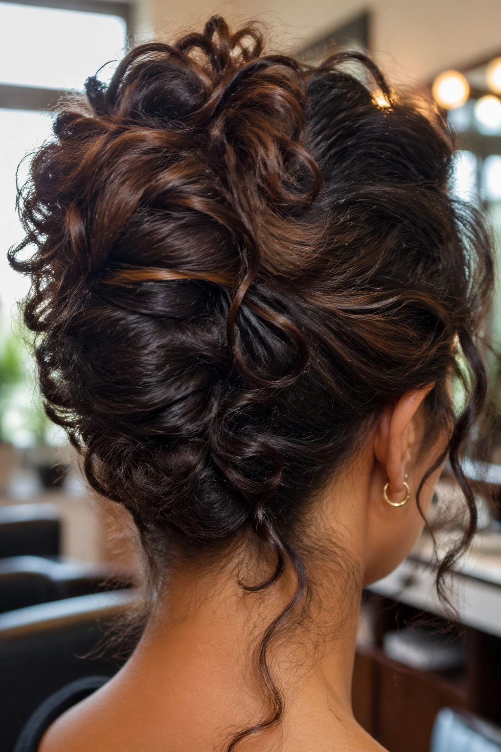 Close-up curly French roll texture with hidden pins