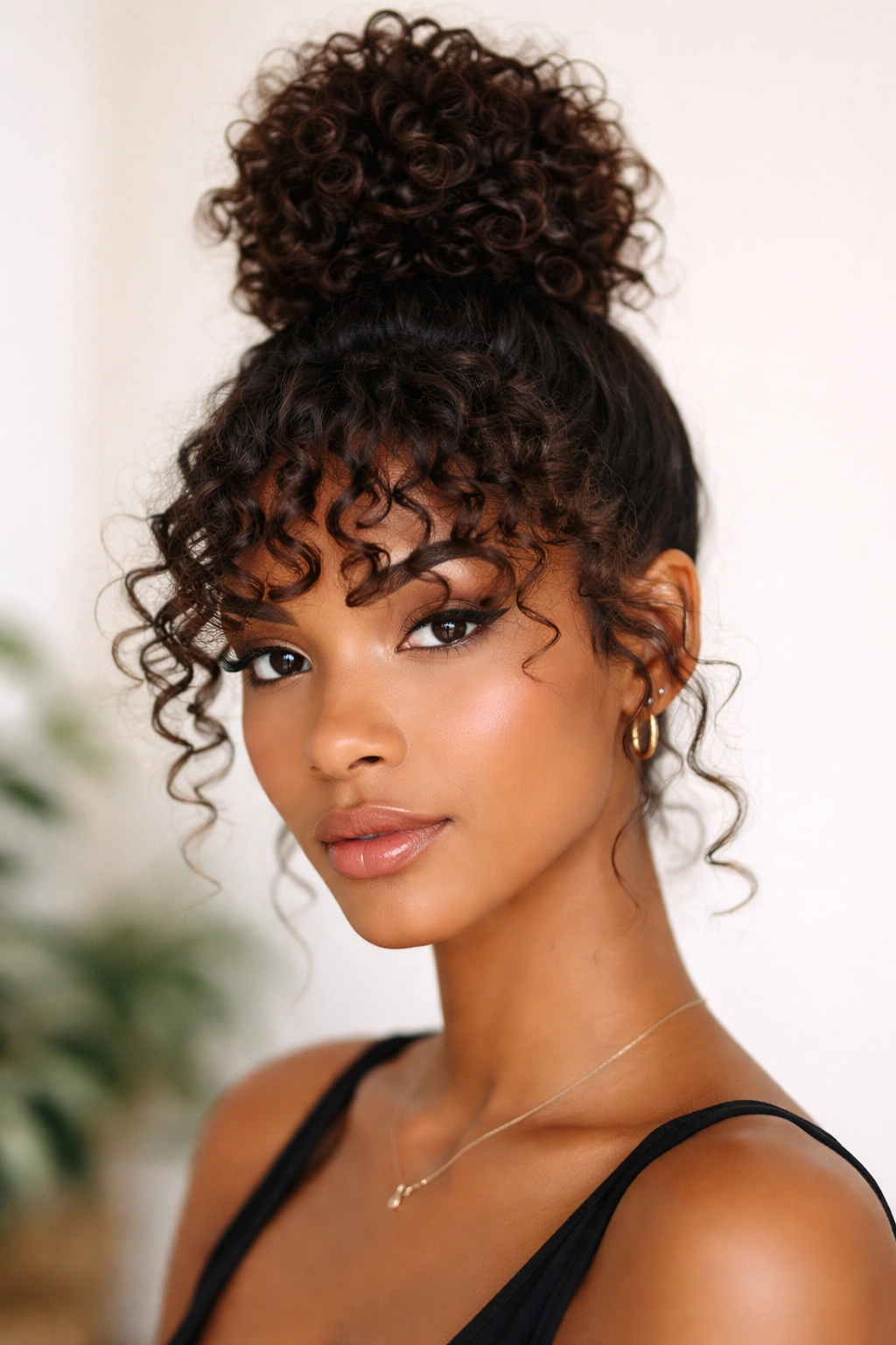 Top-knot hairstyle with tight curls in a clean studio portrait.