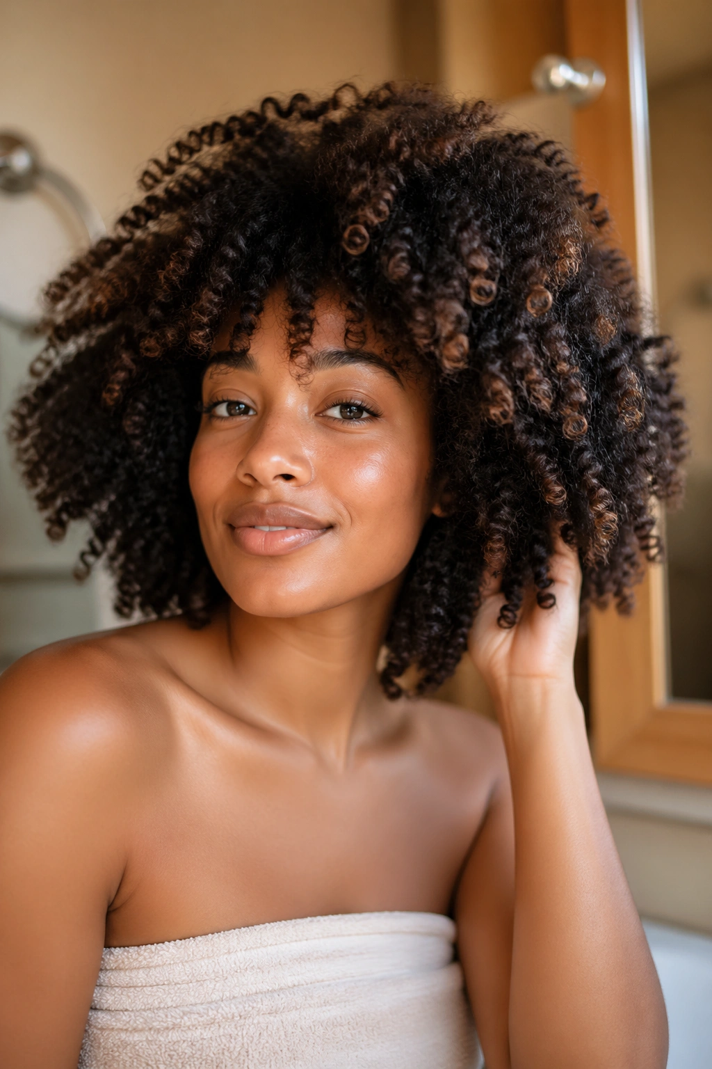 Close-up of a woman examining her curly ends in a warmly lit space