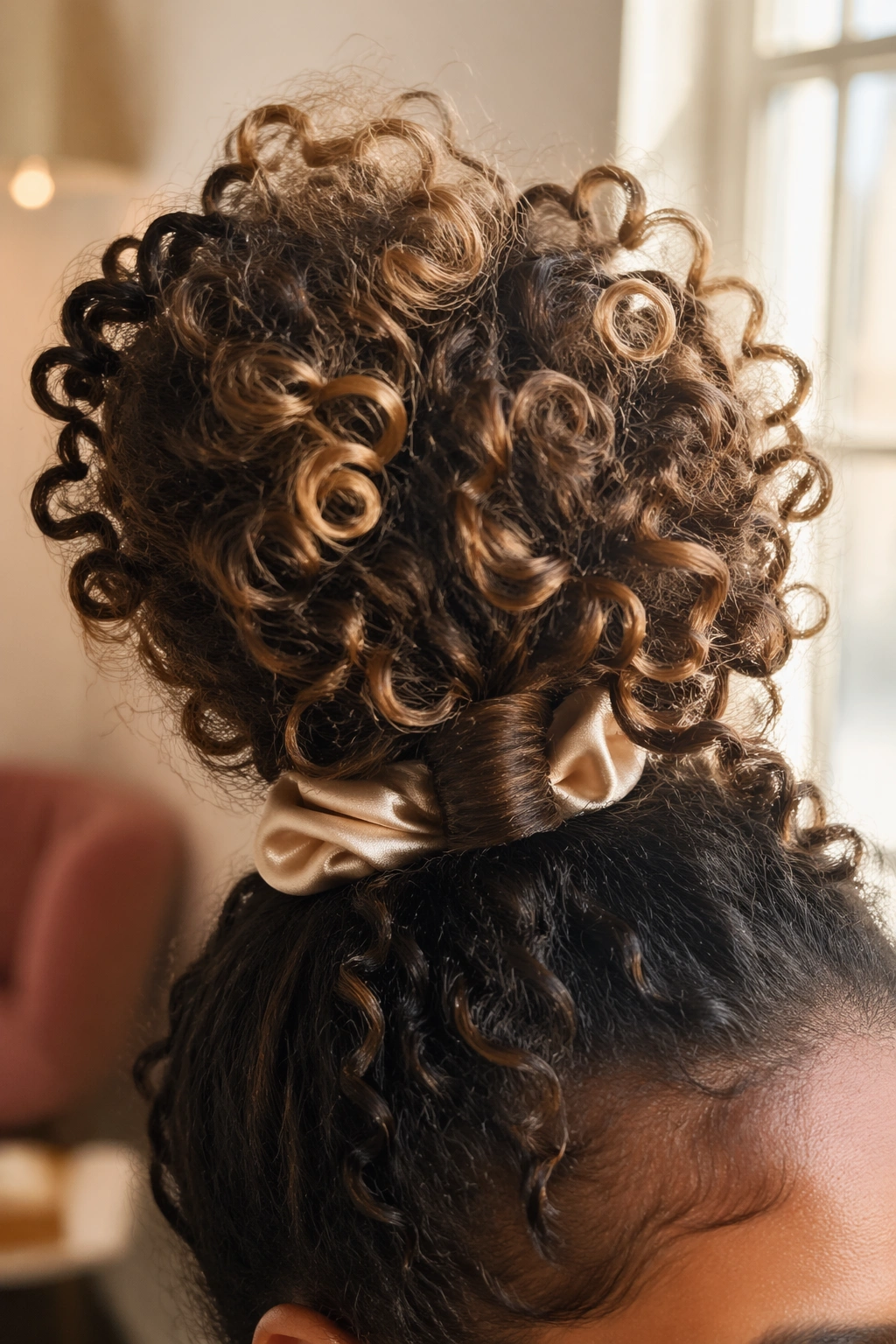 Close-up of high pineapple crown on curly hair with scrunchie and wrapped curl.