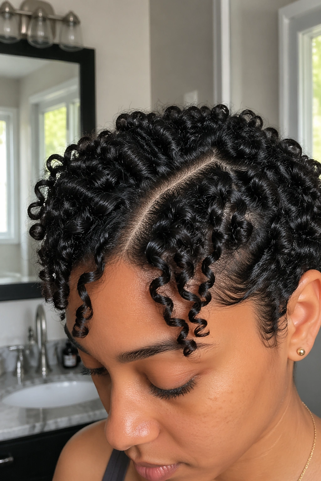 Close-up of defined curved-part wash-and-go on short curly hair in a bathroom