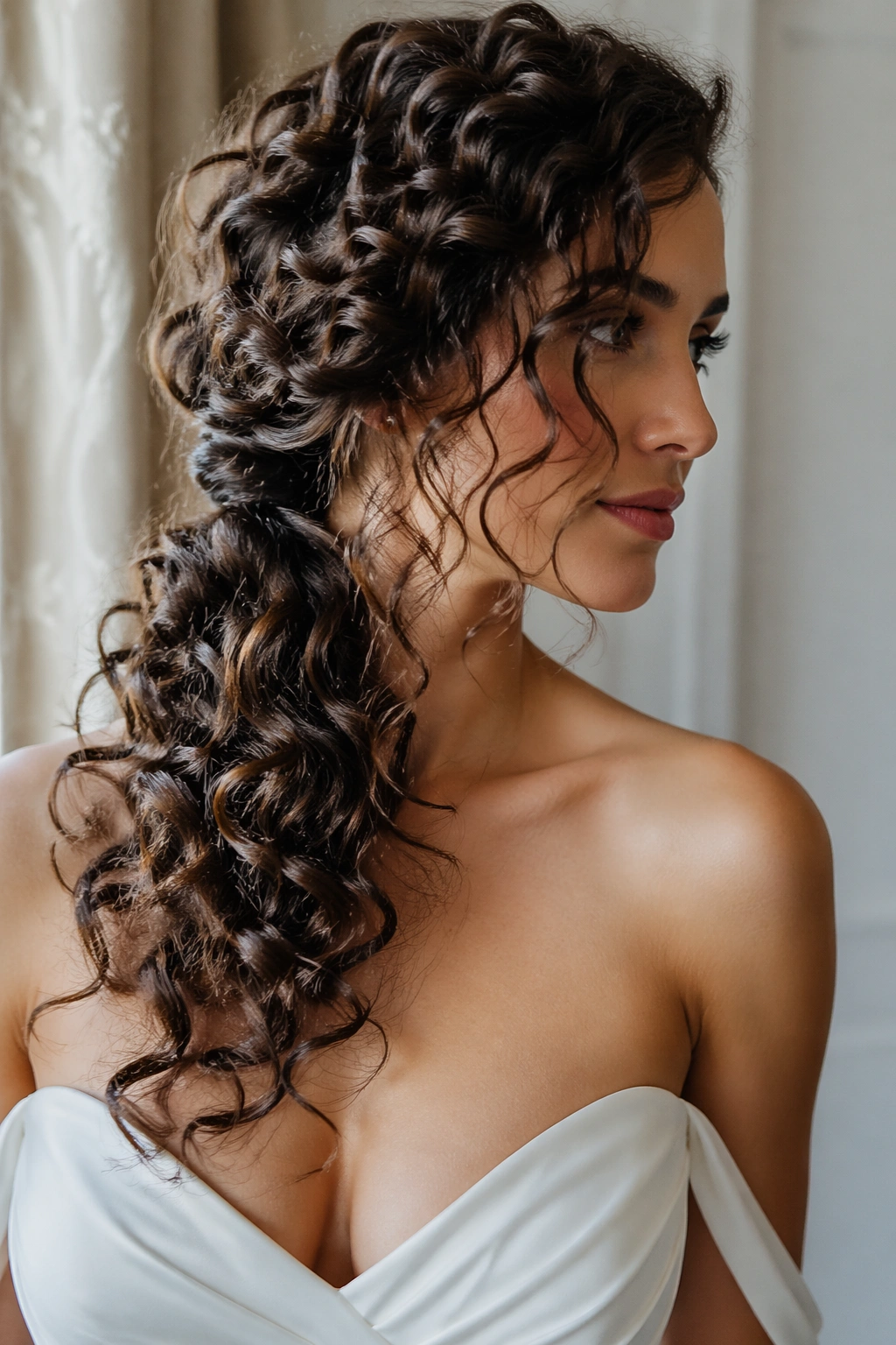 Close-up of side-swept curls on a bride with an off-shoulder gown