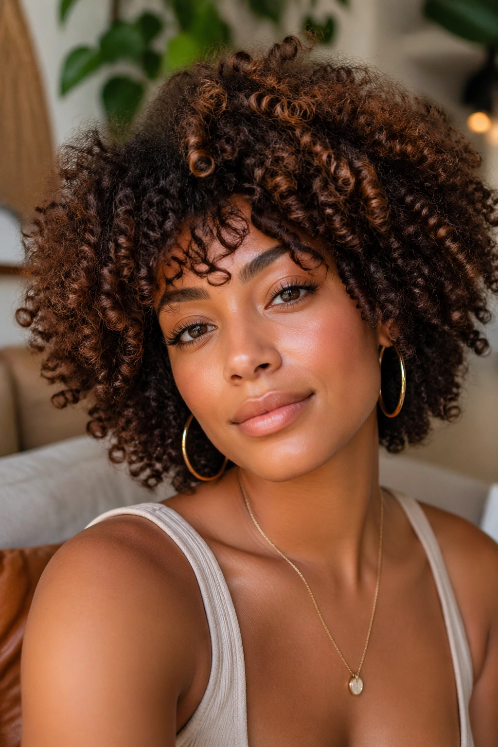 Portrait of a real woman with a curly haircut emphasizing volume and curl definition