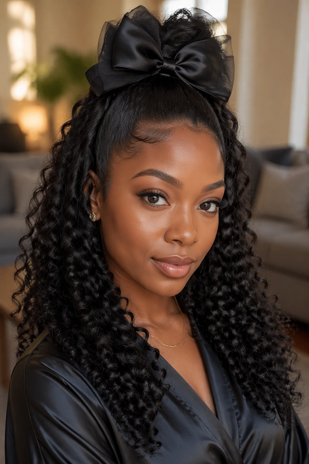 Close-up portrait of a real woman with curly half pony quick weave and a double-layer bow