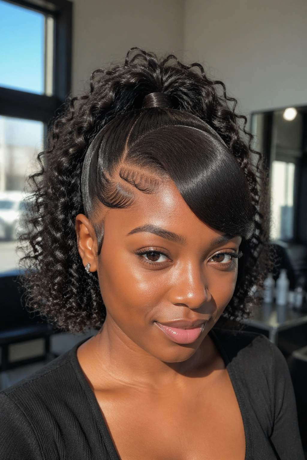 Close-up portrait of a real woman with curly hair and a laid front swoop in a sunlit salon.