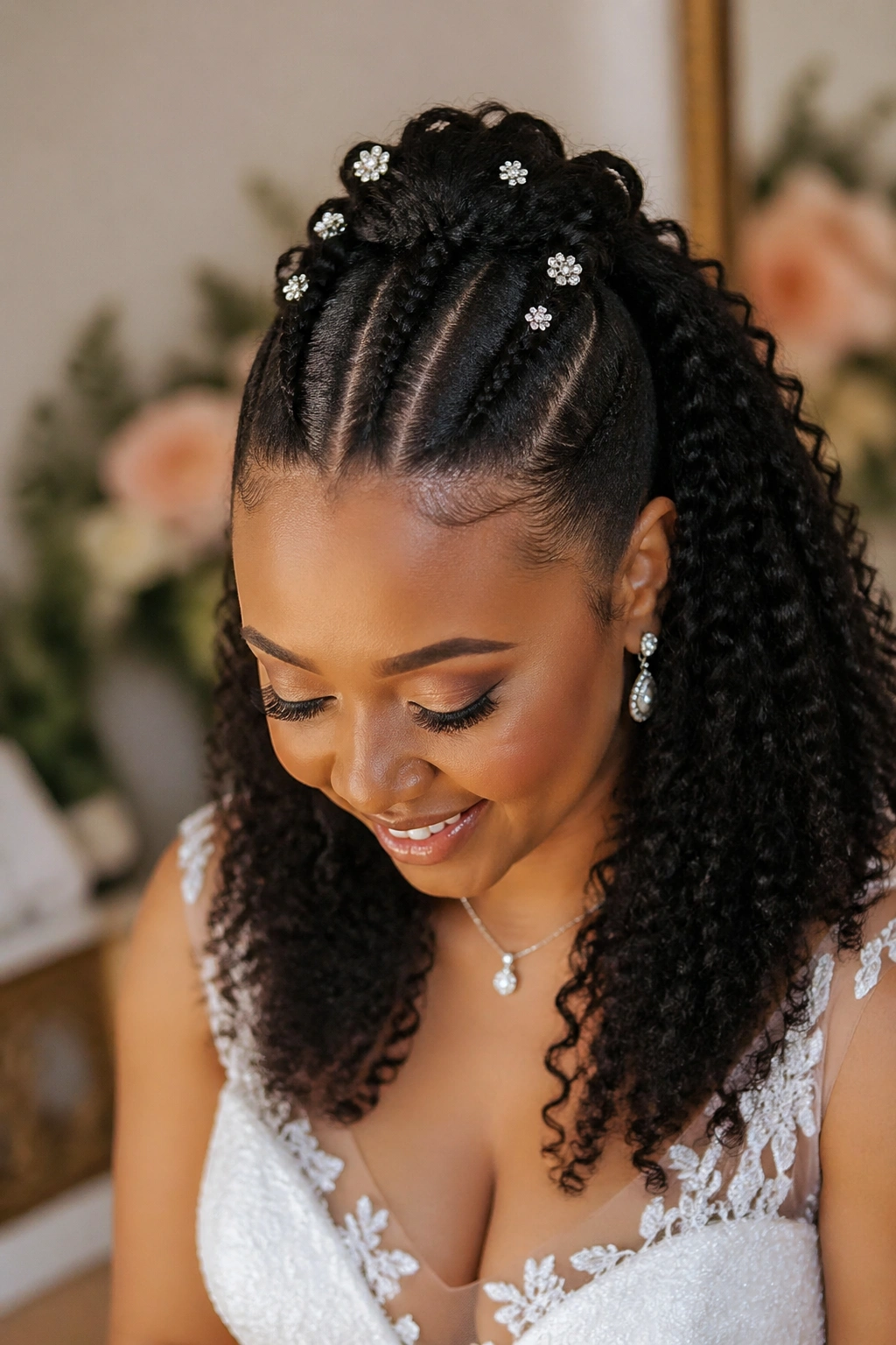 Bride with curly half-up braided crown and crystal pins
