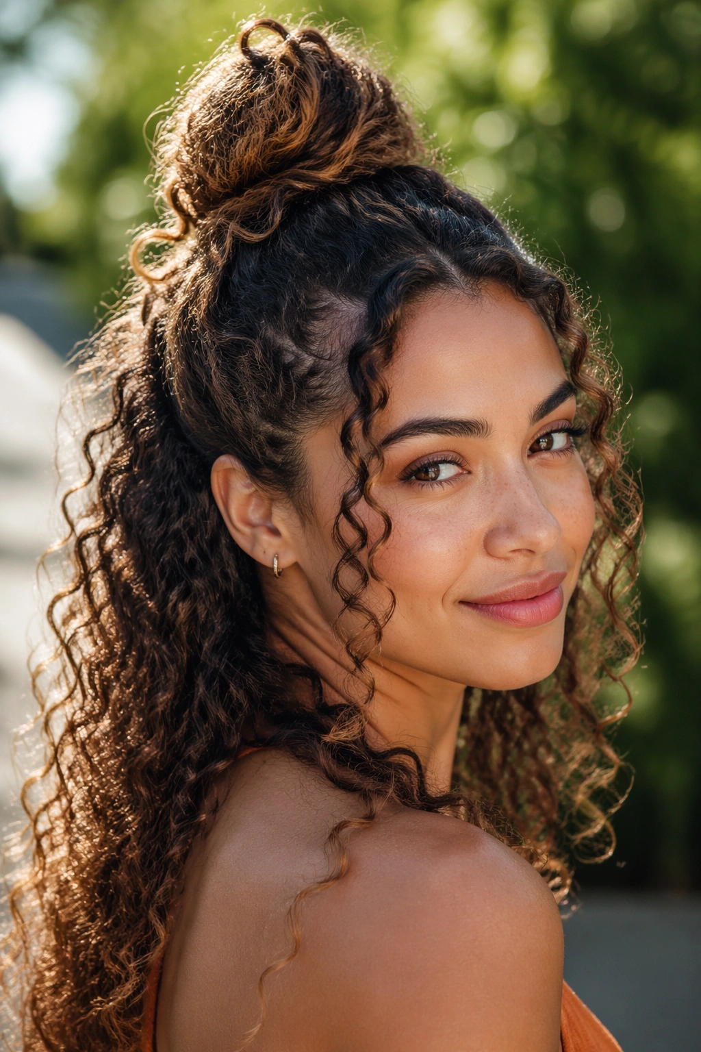 Portrait of a real woman with curly half up bun in sunlit outdoor setting