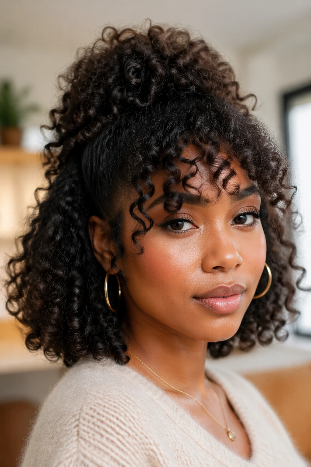 Close-up of a Black woman with a curly half-up puff and soft fringe