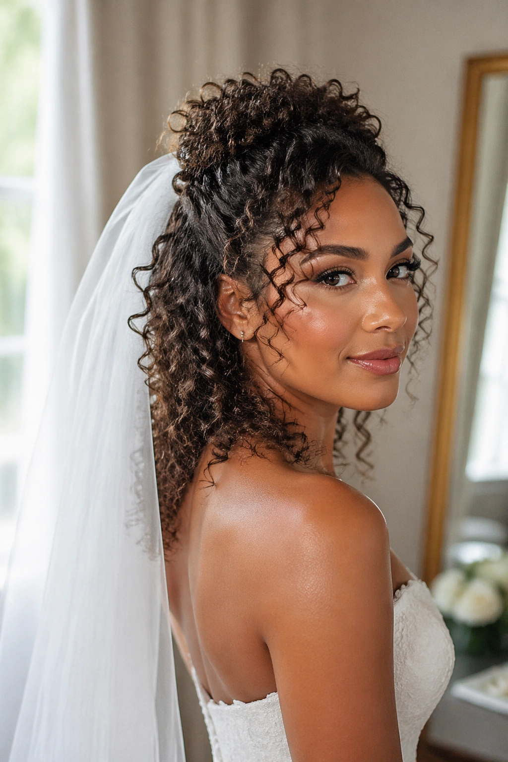 Close-up of a real bride with curly half-up puff and dramatic veil, hair volume and curls on display.