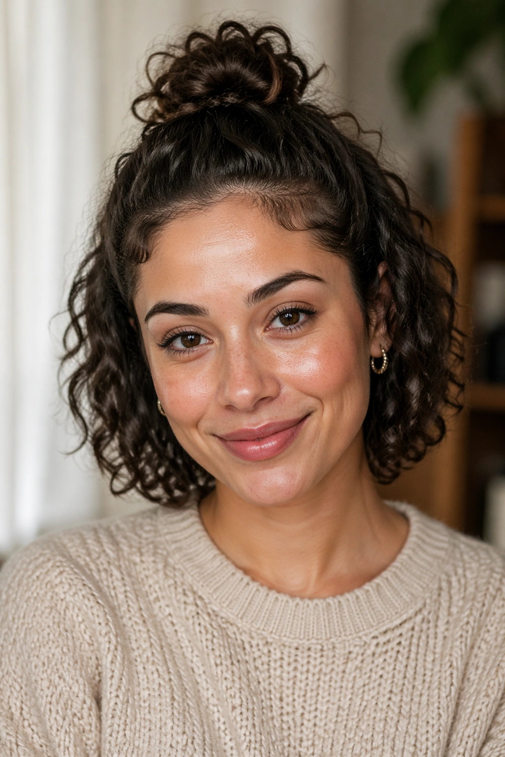Close-up of real woman with curly half-up top knot.