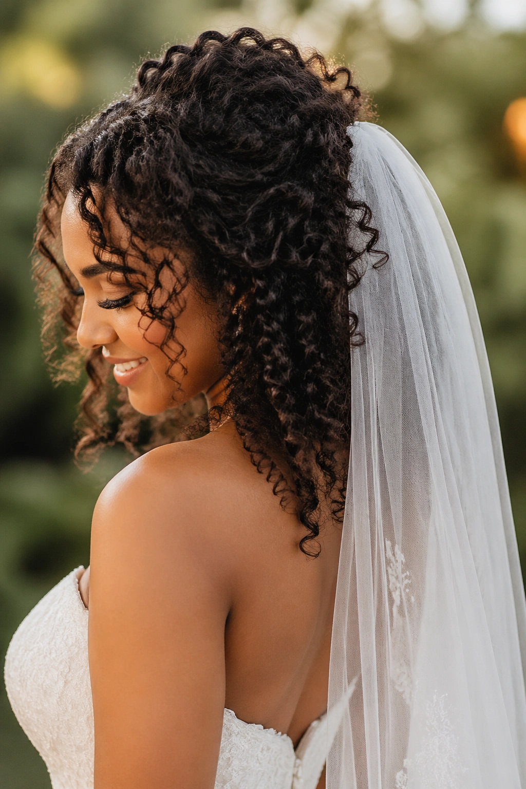 Bride with curly half-up and drop veil in outdoor light