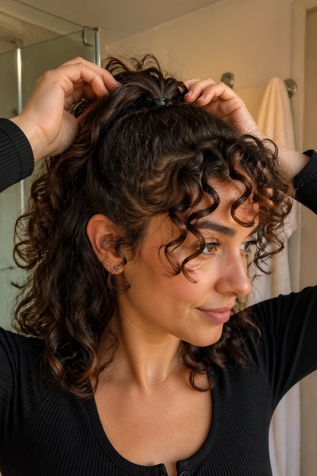 Curly half-up ponytail with curly bangs being adjusted