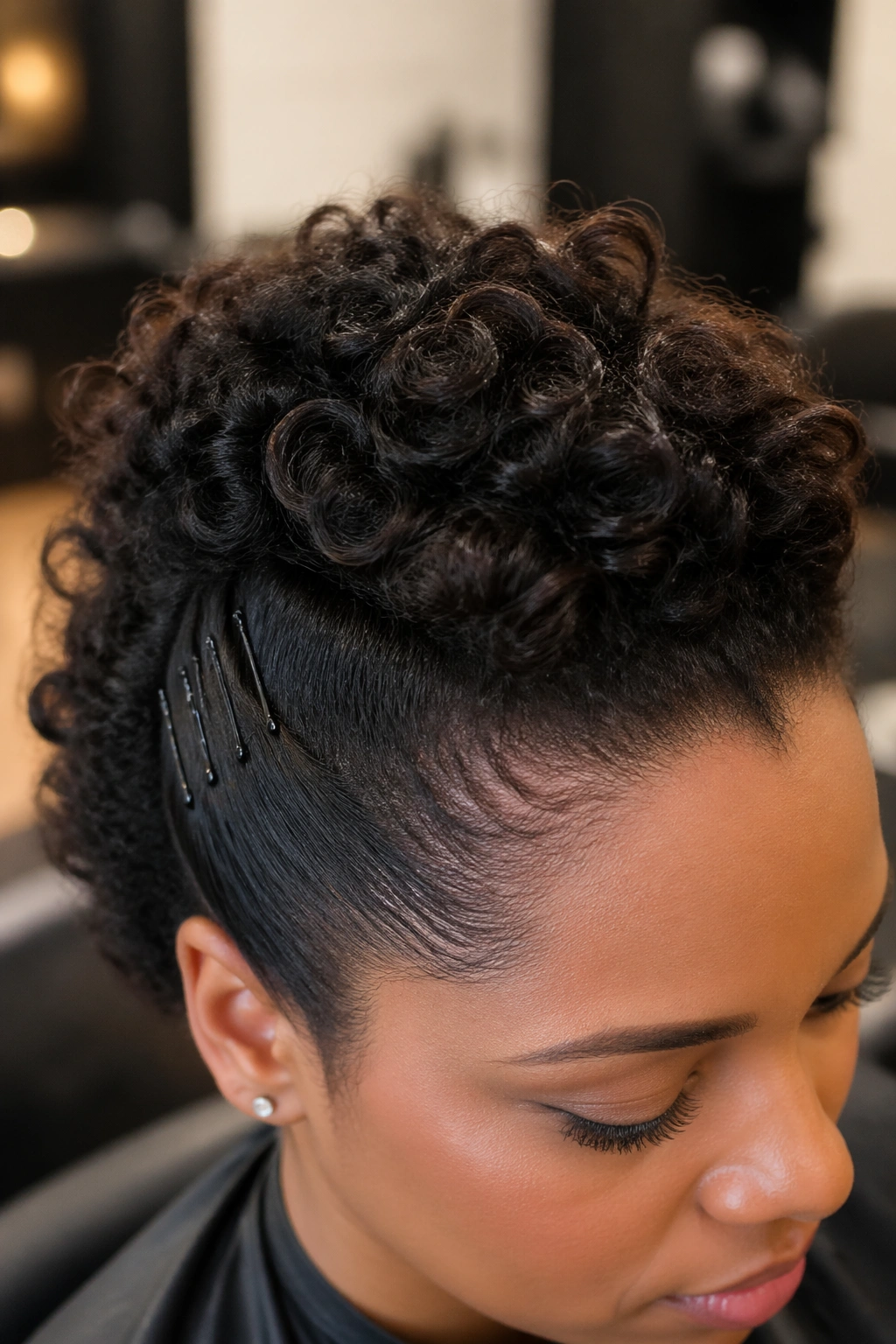 Close-up of Curly Faux Hawk in a salon setting.