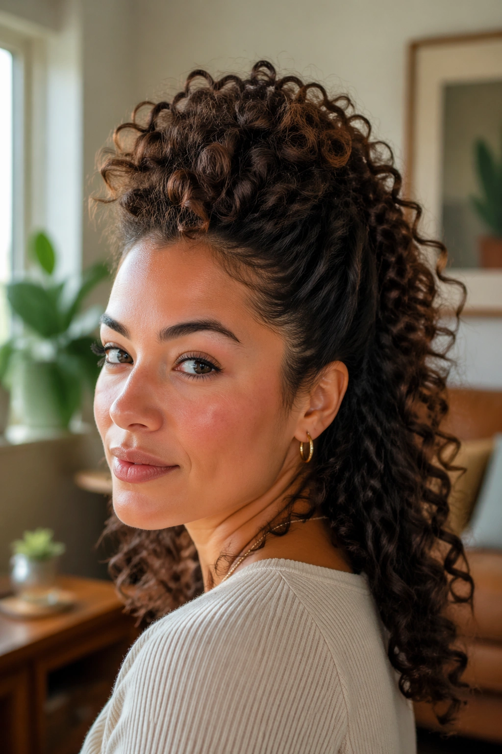 Close-up of a real woman with Curly Faux Hawk Half-Up with Crown Volume, crown lift and pinned sides.
