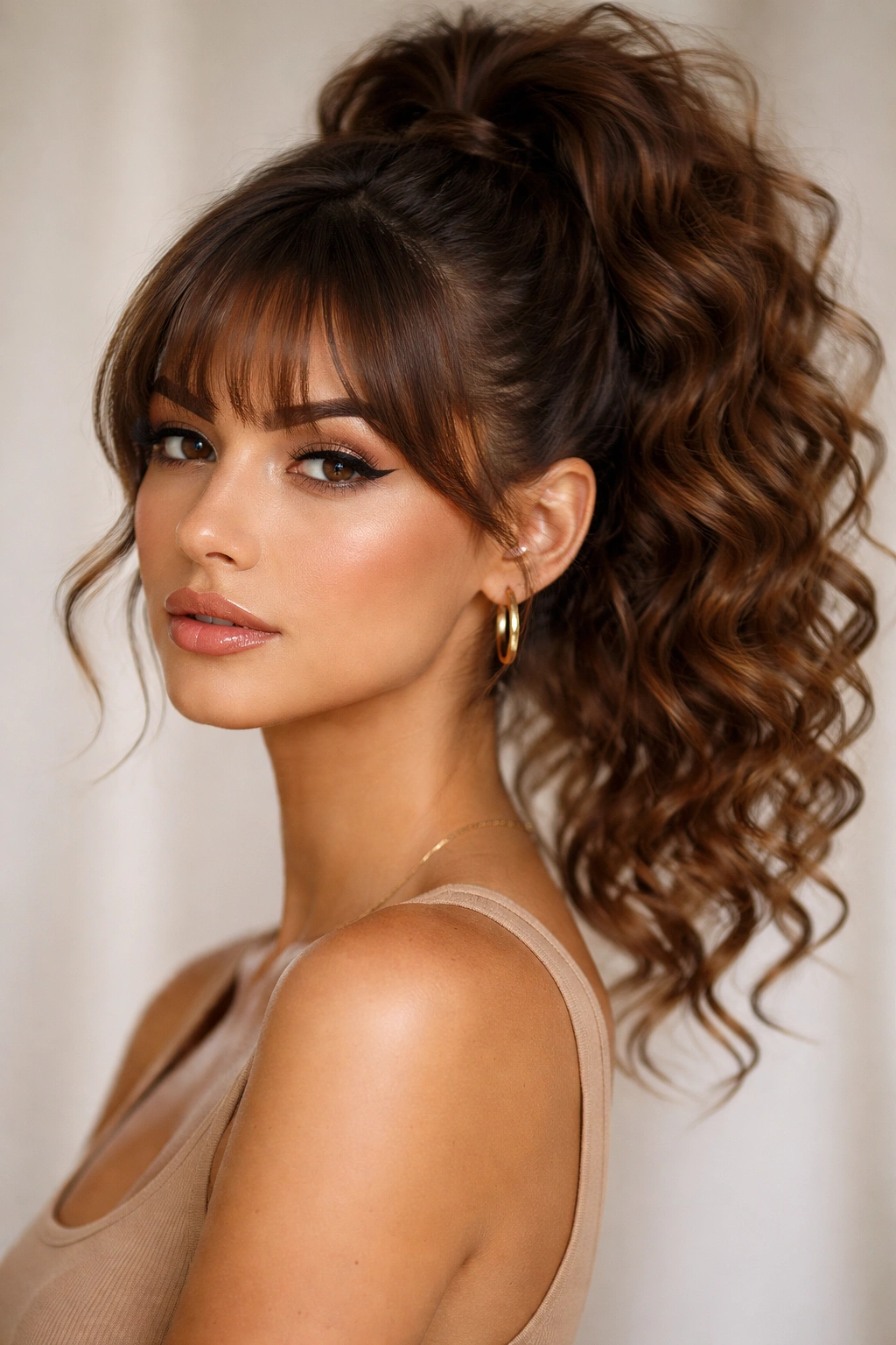 Curly high ponytail with arched bangs framing the eyes