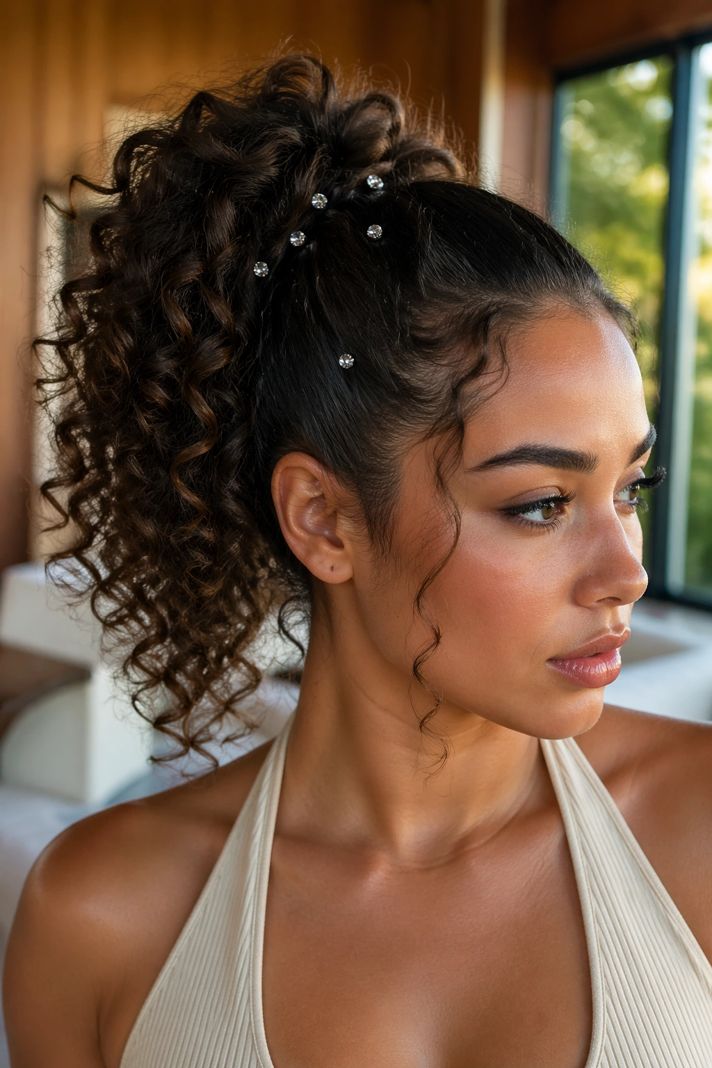 Close-up of a real woman with curly high ponytail and crystals tucked between curls near the crown.