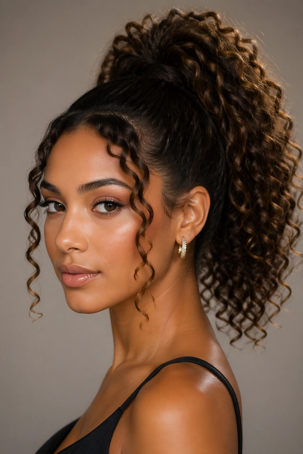 High curly ponytail with face-framing curls