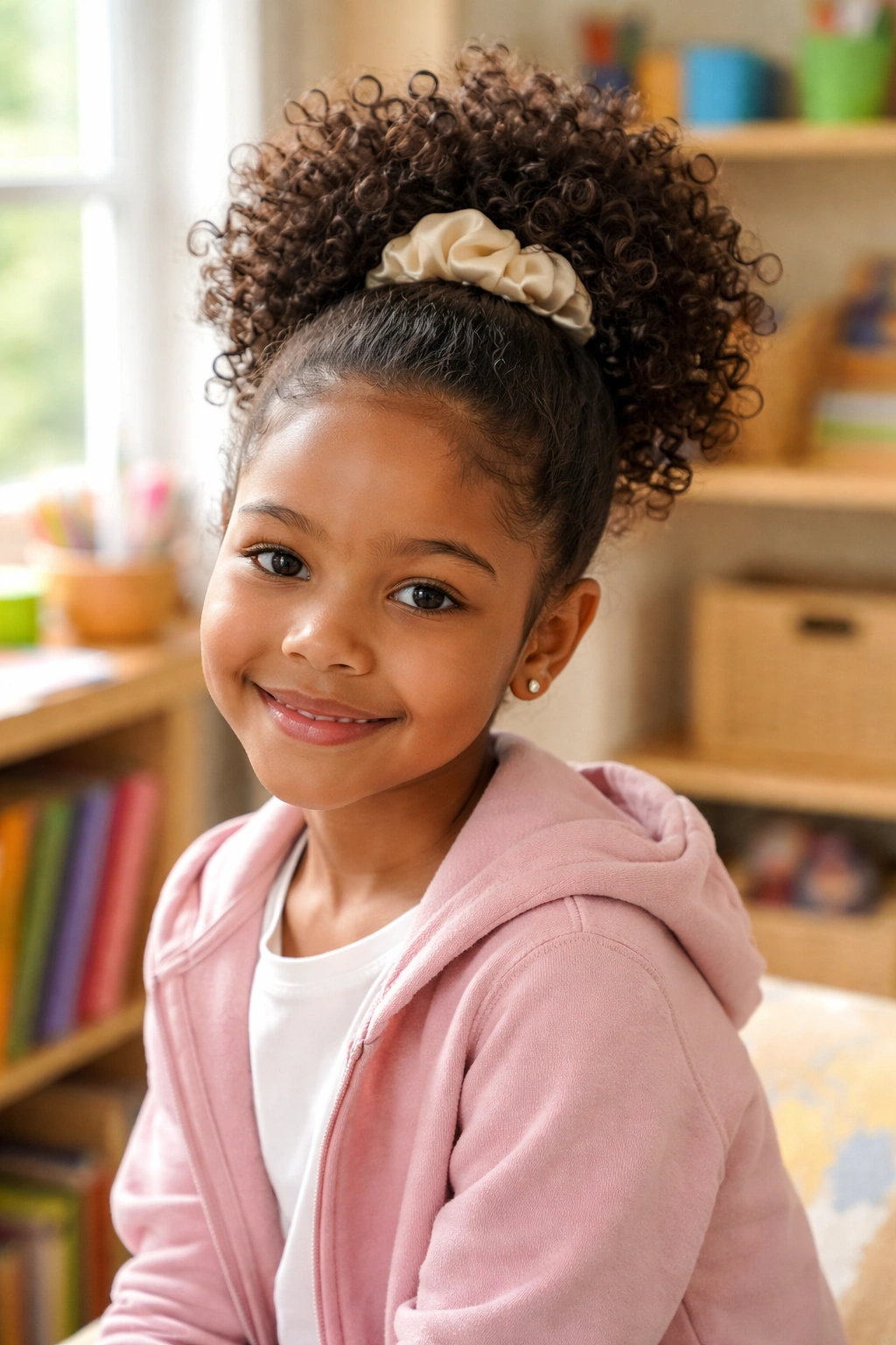 Curly high puff ponytail in a bright playroom.