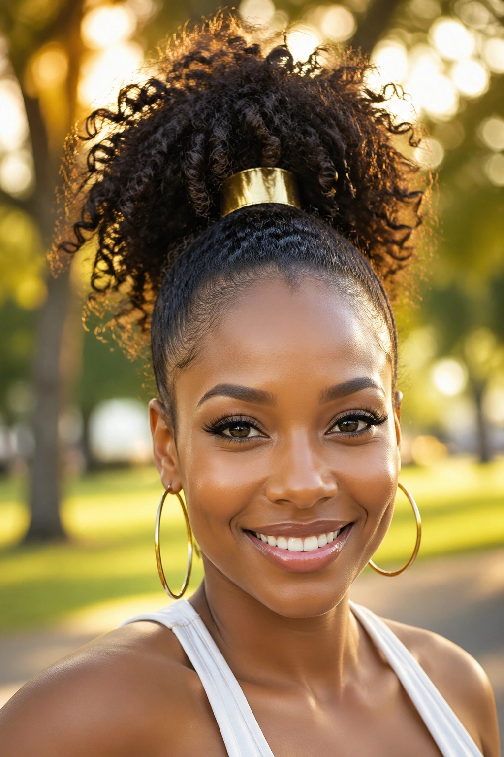 Close-up of a real woman with curly high ponytail and gold cuff